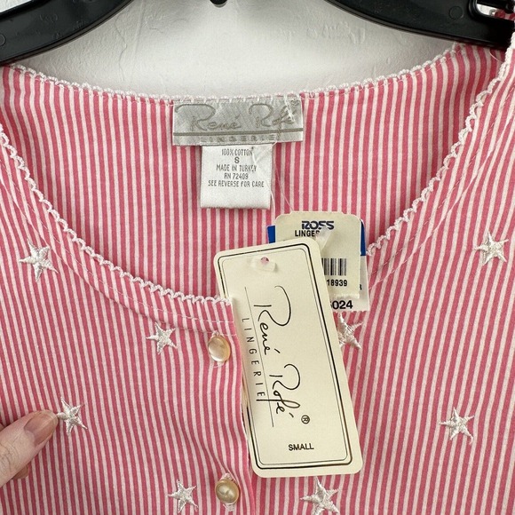 Vintage Rene Rofe Sleepwear Top S Cropped Button Up Pink Pinstripe Stars NEW - Picture 4 of 7